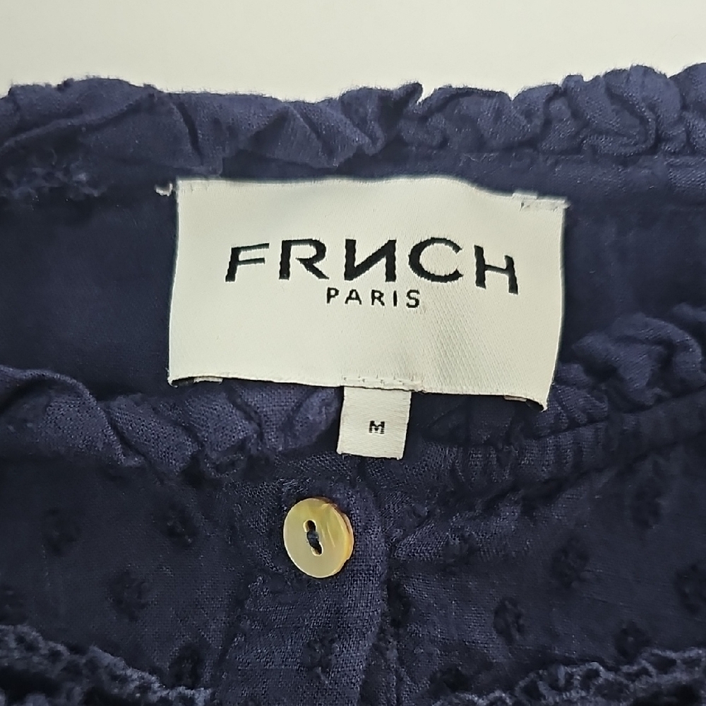 FRNCH Paris Navy Blue Eyelet Lace Mini Dress Scallop High Neck Swiss Dot Boho M - Picture 9 of 12